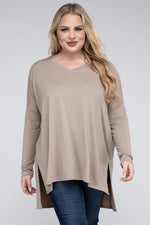 Plus Dolman Sleeve V-Neck Side Slit Hi-Low Hem Top