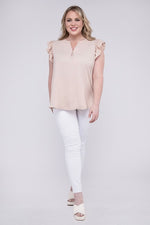 Plus Woven Wool Peach Ruffled Sleeve High-Low Top