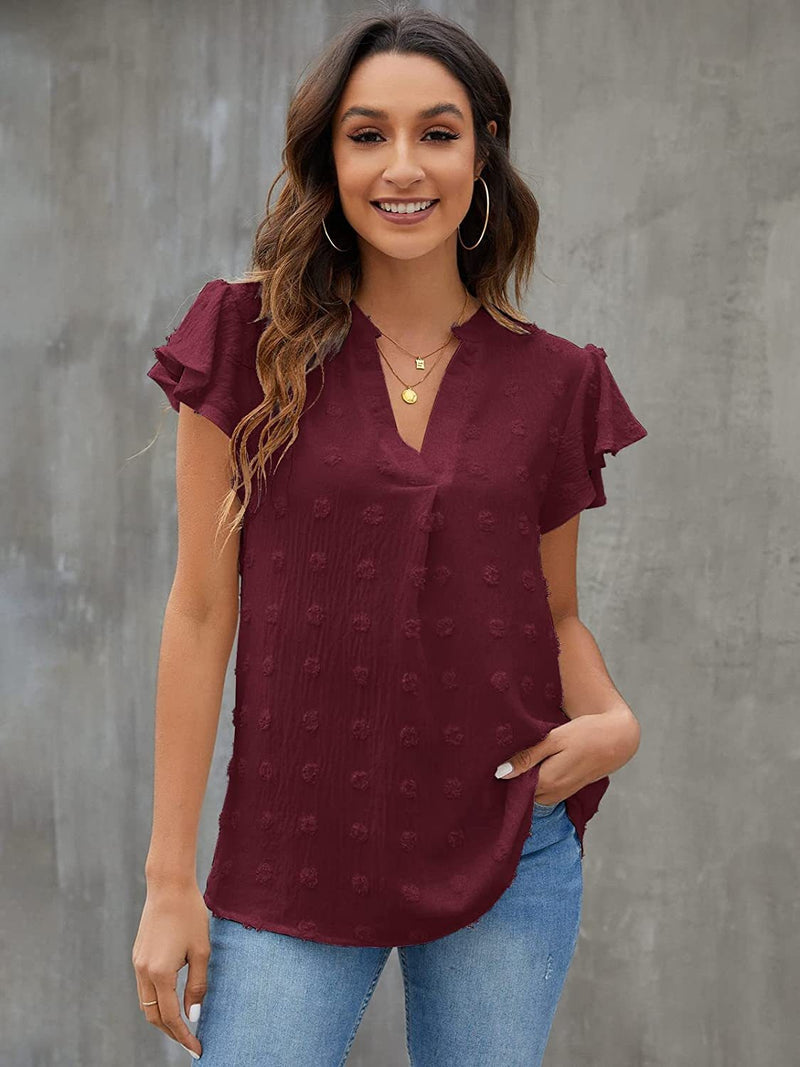 Jacey Swiss Dot Notched Flutter Sleeve Blouse