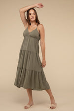 Woven Sweetheart Neckline Tiered Cami Midi Dress