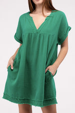 Gauze Rolled Short Sleeve Raw Edge V-Neck Dress