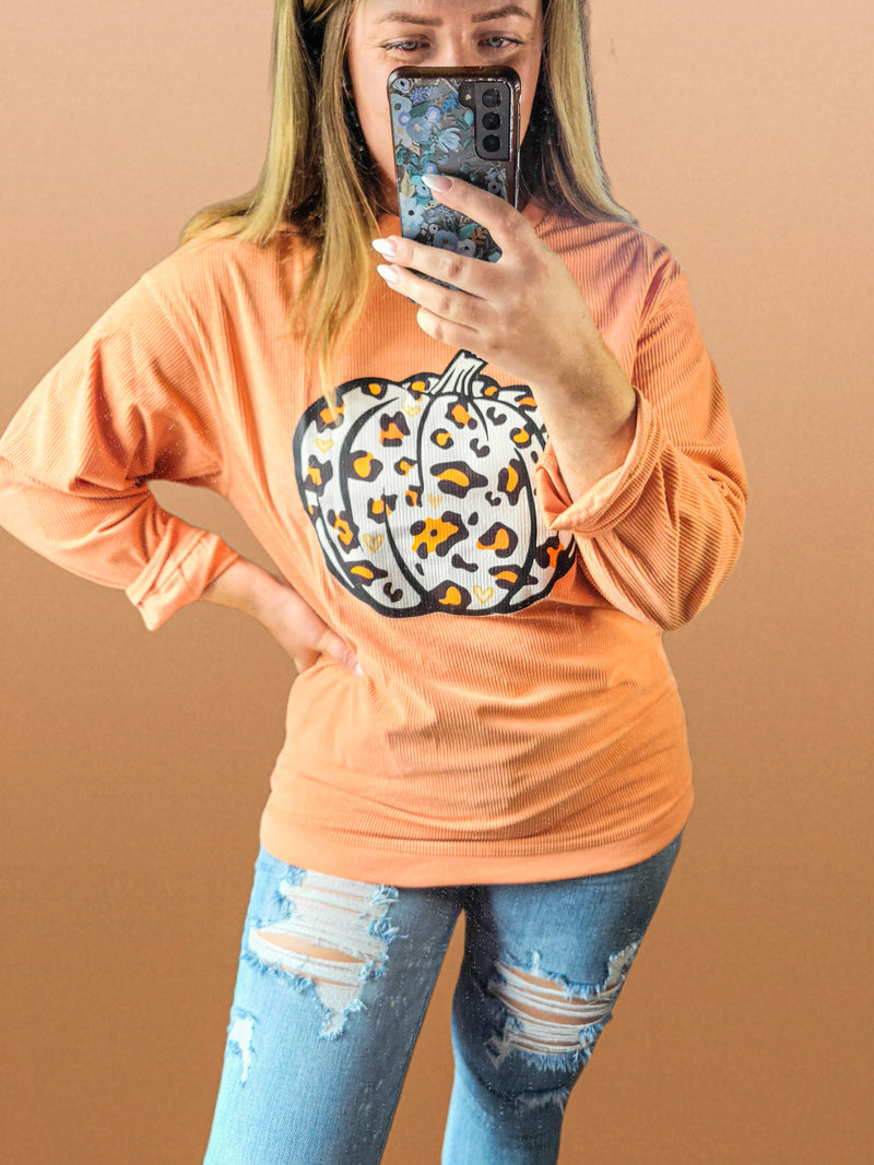 Leopard Pumpkin Corded Crewneck Sweatshirt