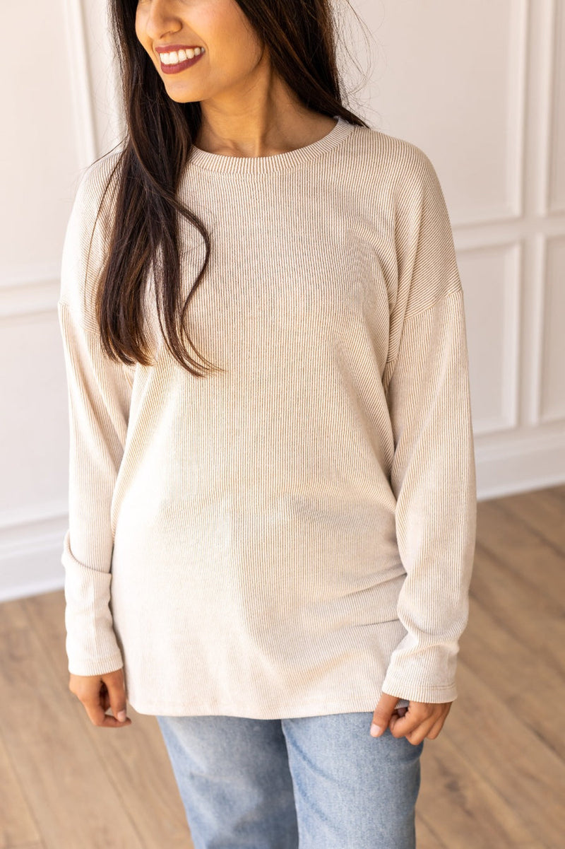 Daydream Sweetie Beige Ribbed Long-sleeve Top