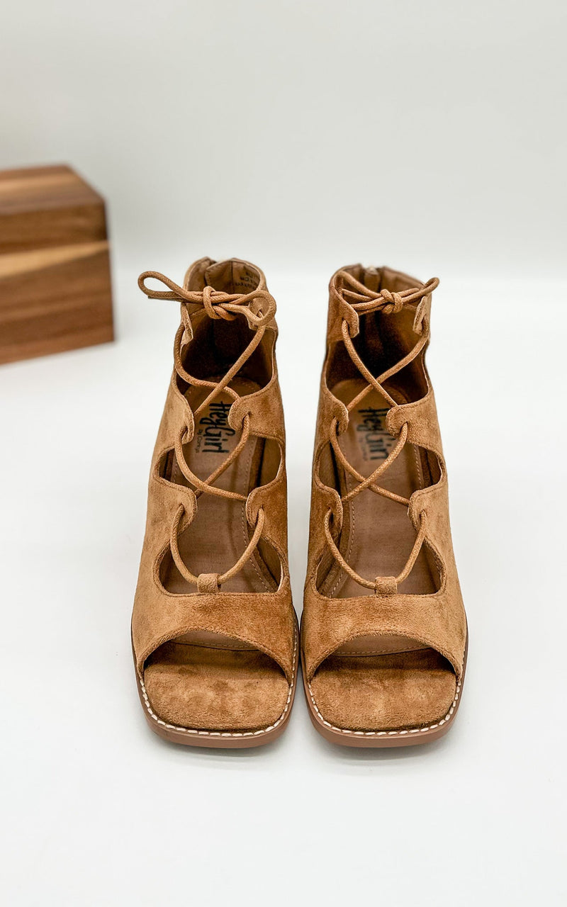 Corkys Wally Heeled Sandal in Camel Suede