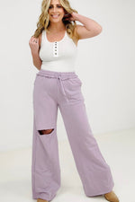 Zenana Distressed Knee French Terry Sweats With Pockets - New Colors