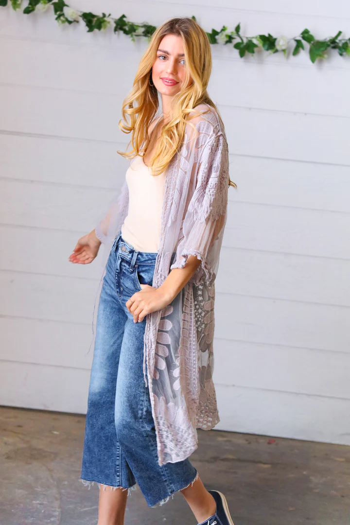 Light Grey Crochet Lace Scallop Kimono