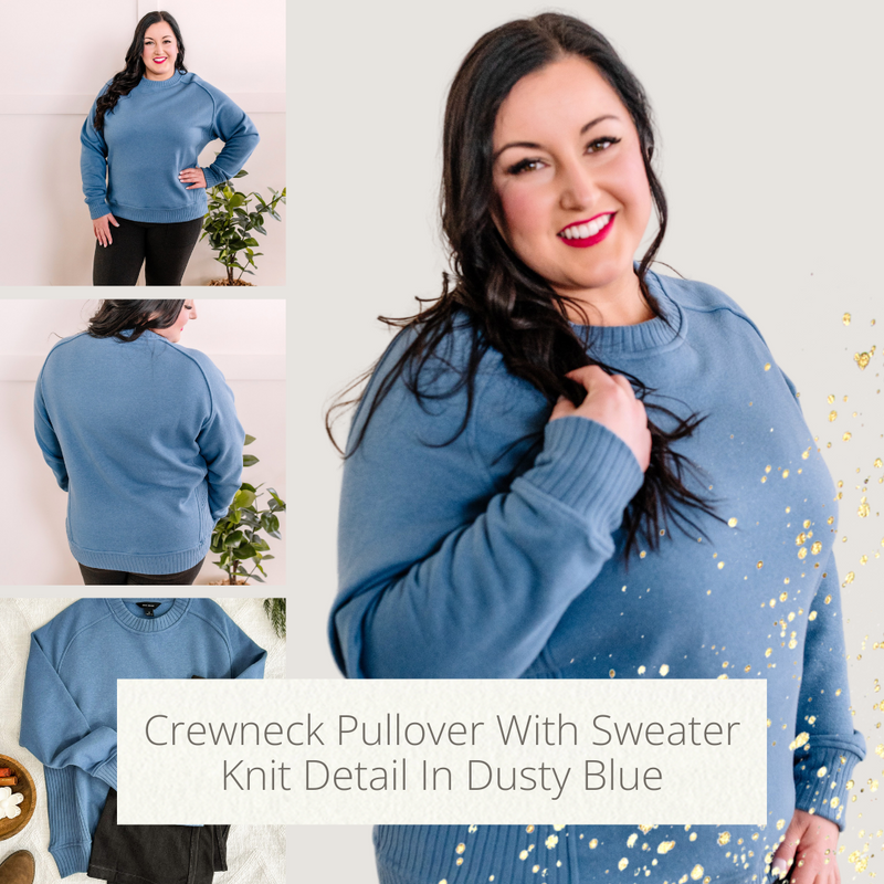 Crewneck Pullover With Sweater Knit Detail In Dusty Blue