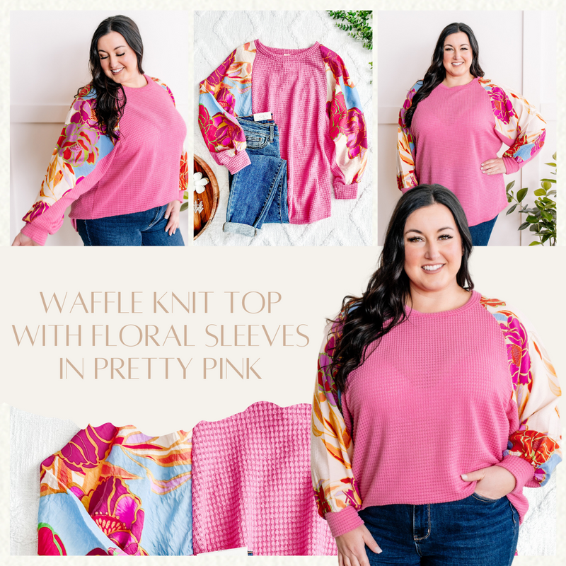 Waffle Knit Top With Floral Sleeves In Pretty Pink