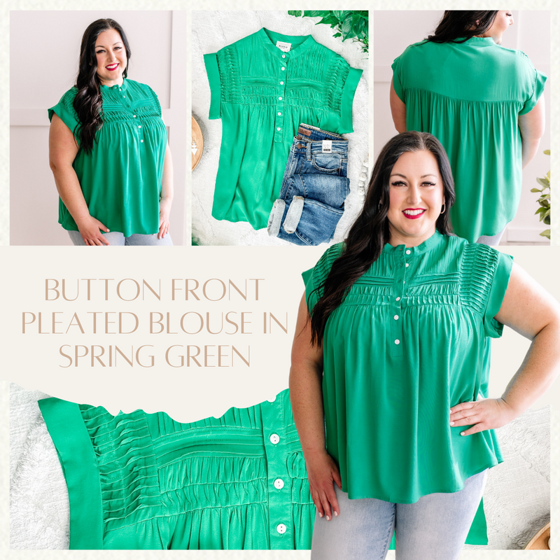 Button Front Pleated Blouse In Spring Green