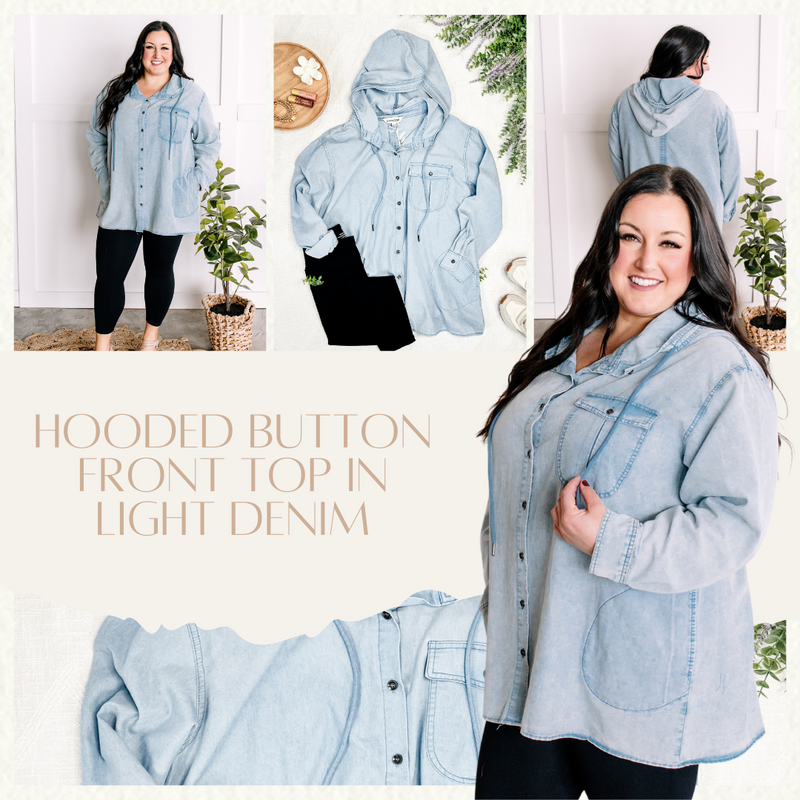 Hooded Button Front Top In Light Denim