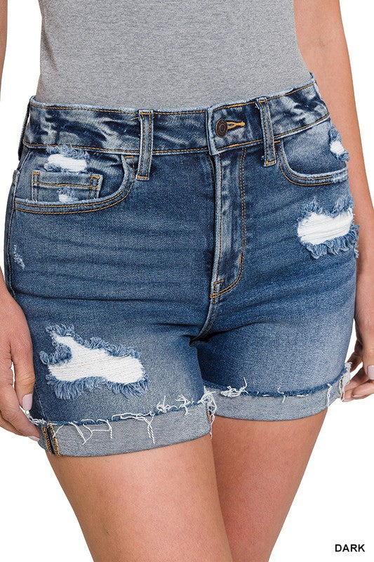 DISTRESSED CUFFED RAW HEM DENIM SHORTS