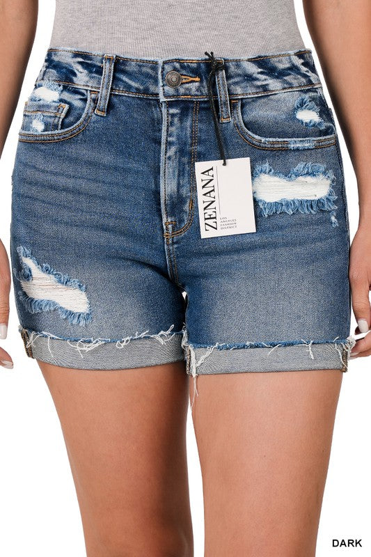 DISTRESSED CUFFED RAW HEM DENIM SHORTS