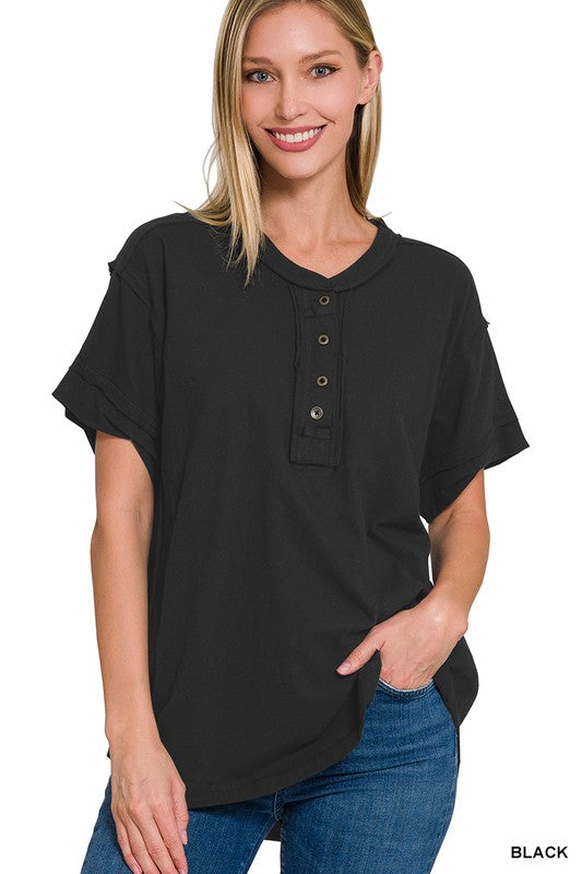 Cotton Button Down Placard Out Seam Top | Black Charcoal White |