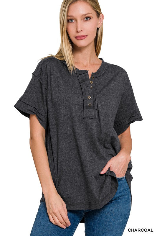 Cotton Button Down Placard Out Seam Top | Black Charcoal White |