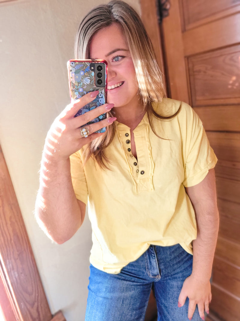 Yellow Cotton Button Down Placard Out Seam Top