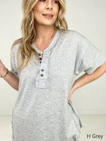 Zenana Raw Edge Detailed Button Closure Short Sleeve Top