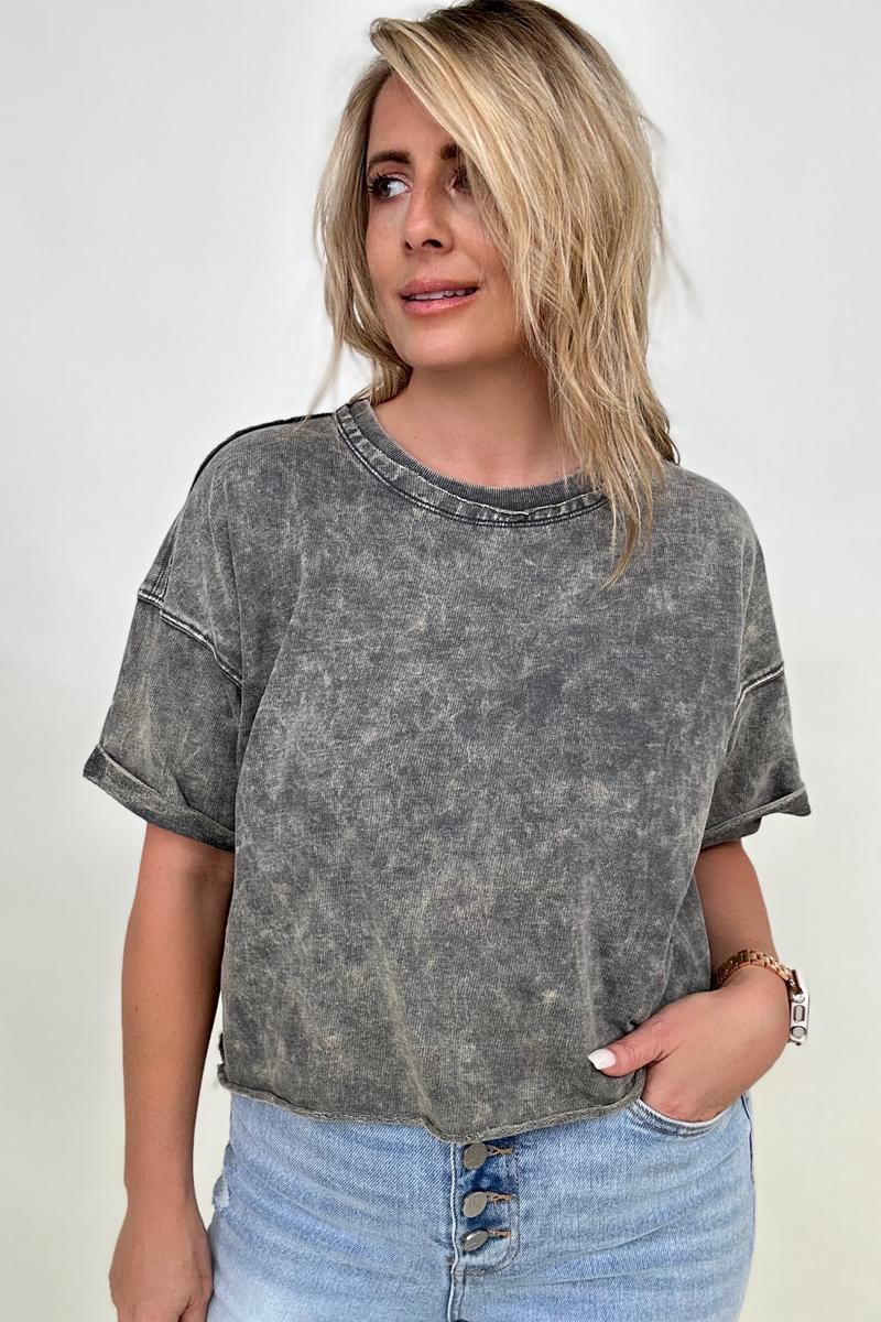 French Terry Acid Wash Raw Edge Crop Top