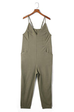 Waffle Knit V-Neck Tank Jumpsuit With Pockets