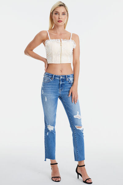 BAYEAS Mid Waist Distressed Ripped Straight Jeans