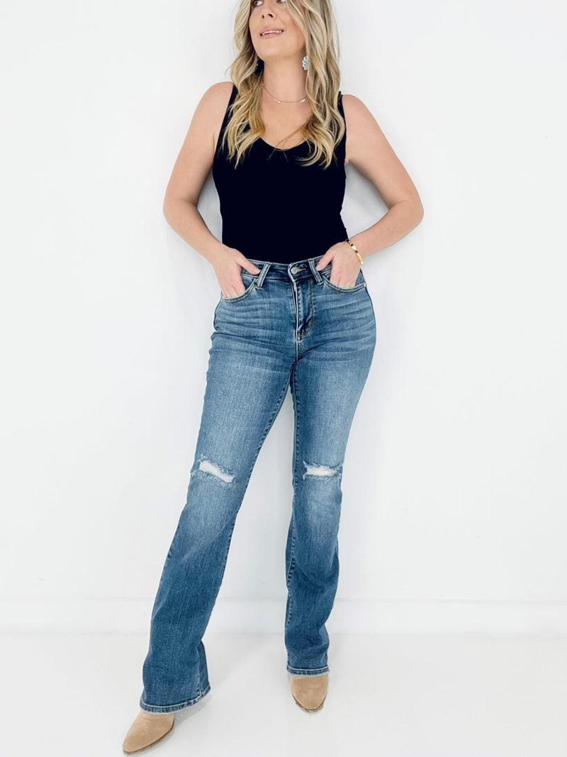 Judy Blue Mid Rise w/ Pocket Tooling & Knee Destroy Bootcut Jeans