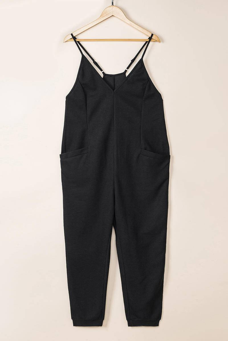 Textured Black Sleeveless V-Neck Pocketed Jumpsuit