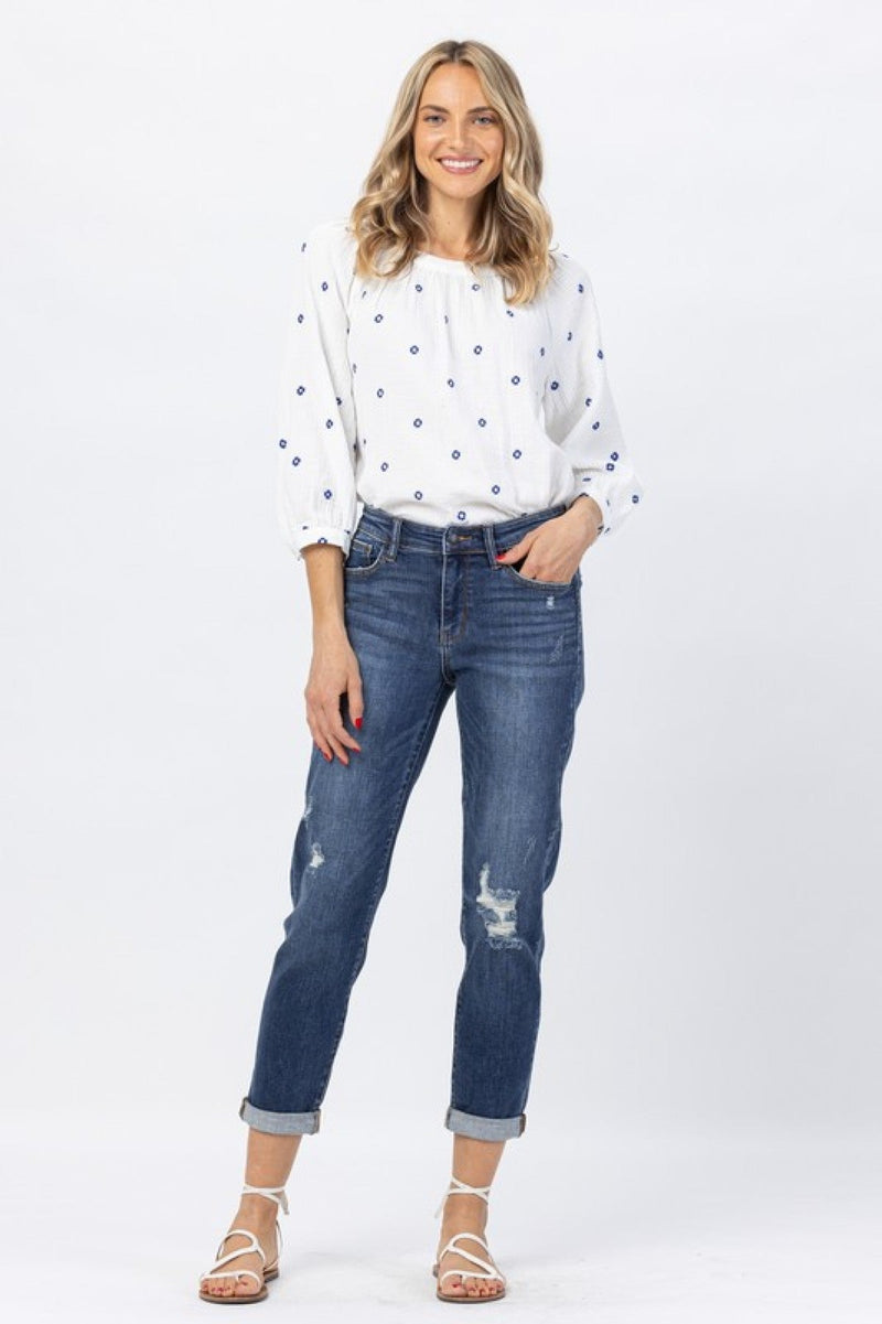 Judy Blue Mid-Rise Cuffed Distressed Slim Fit