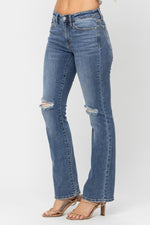 Judy Blue Mid Rise w/ Pocket Tooling & Knee Destroy Bootcut Jeans
