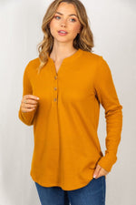 White Birch Notched Button-Up Long Sleeve Solid Knit Top