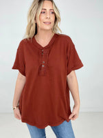 Zenana Raw Edge Detailed Button Closure Short Sleeve Top