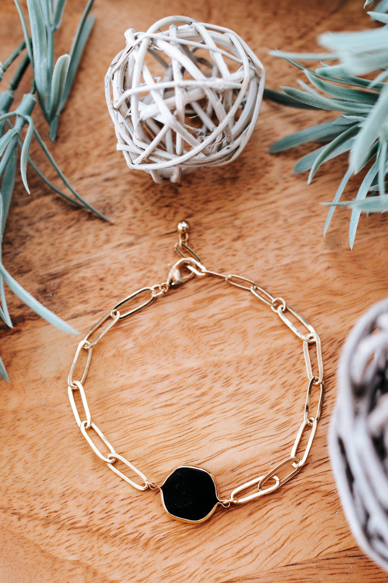 Open Chain Bracelet With Black Hexagon Detail In Gold