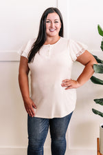 Button Front Top With Lace Sleeves In Crisp Morning