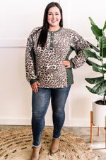 Waffle Knit Top With Button Front Detail In Olive Animal Print