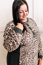 Waffle Knit Top With Button Front Detail In Olive Animal Print