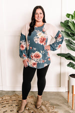Long Sleeve Color Block Top In Cream With Blue Florals
