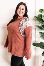 V Neck Top With Contrasting Floral Sleeves In Redwood