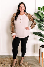 Beige Henley Top With Contrasting Plaid Sleeves