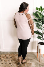 Beige Henley Top With Contrasting Plaid Sleeves