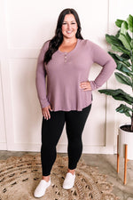 Button Front Long Sleeve Knit Henley In Dusty Lavender