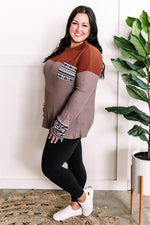 Waffle Knit Long Sleeve Top In Rust & Beige With Snowflake Detail