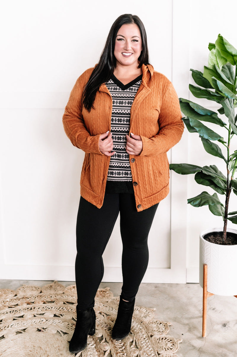 Cable Knit Hooded Cardigan In Burnt Orange