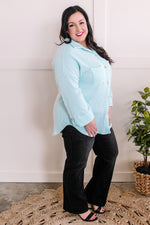 Ribbed Knit Button Front Top In Minty Blue