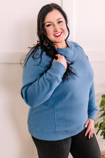 Crewneck Pullover With Sweater Knit Detail In Dusty Blue