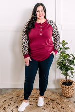 Long Sleeve Button Front Henley In Burgundy & Leopard