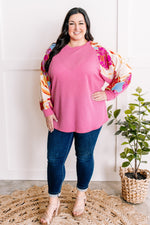 Waffle Knit Top With Floral Sleeves In Pretty Pink