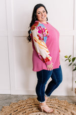 Waffle Knit Top With Floral Sleeves In Pretty Pink