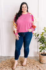 Waffle Knit Top With Floral Sleeves In Pretty Pink