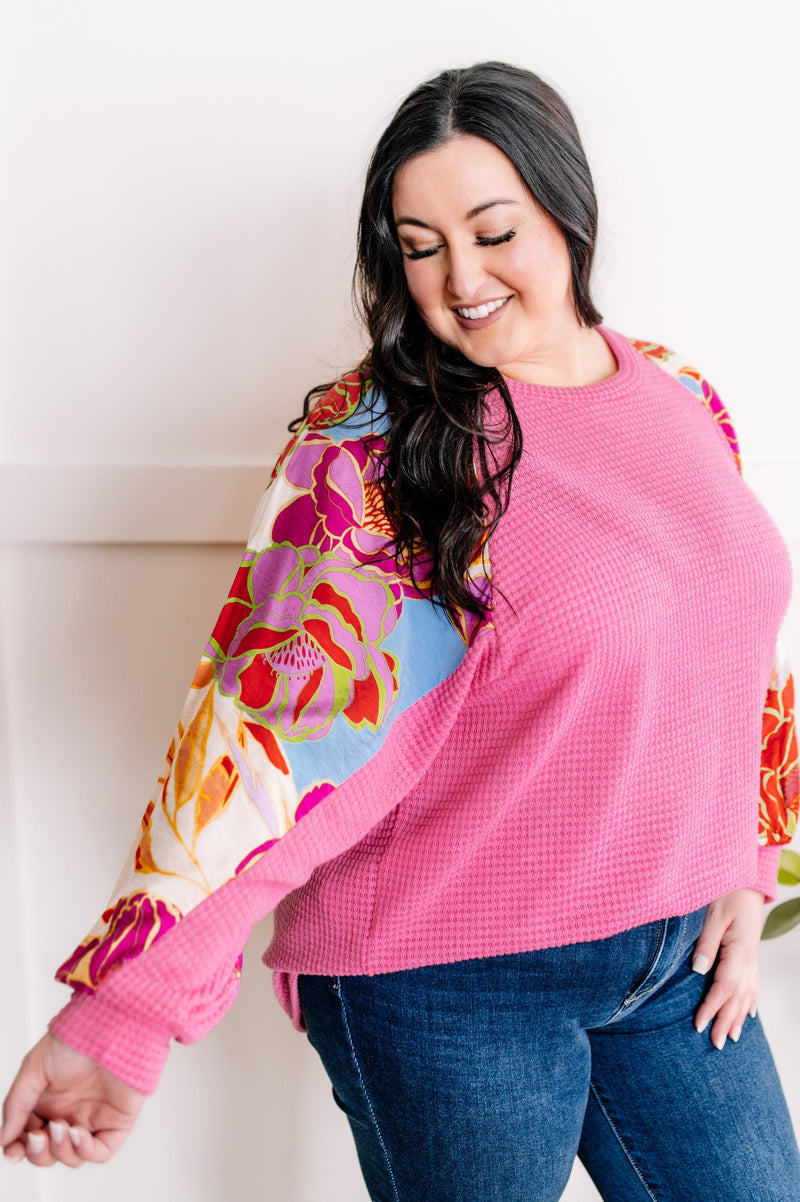 Waffle Knit Top With Floral Sleeves In Pretty Pink