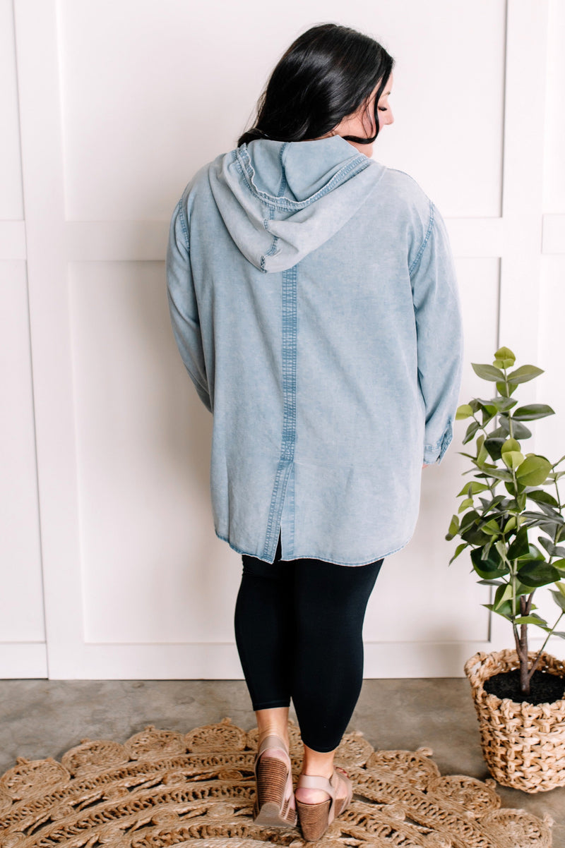 Hooded Button Front Top In Light Denim