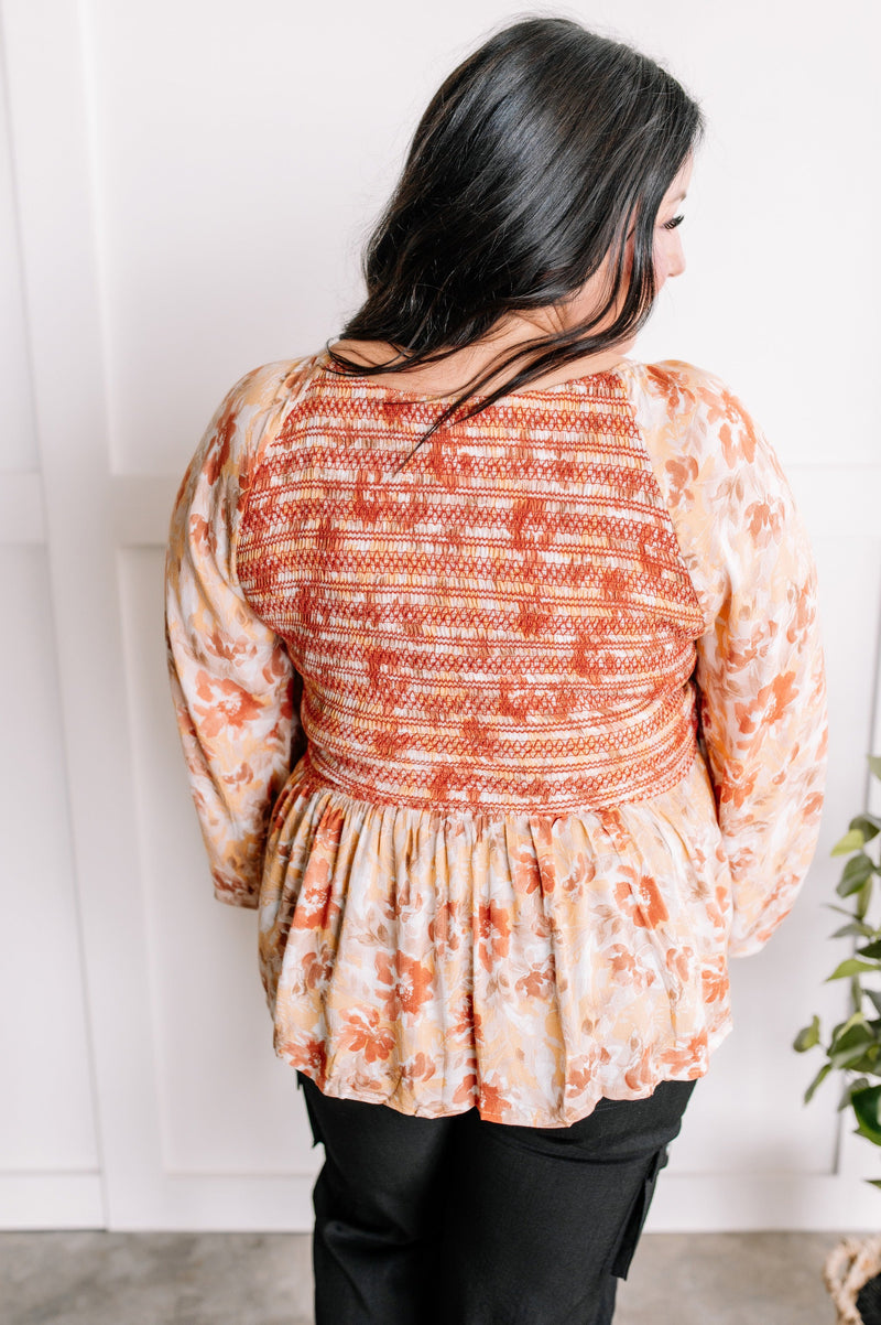 Savanna Jane Embroidered Smocked Peplum Blouse In March Florals