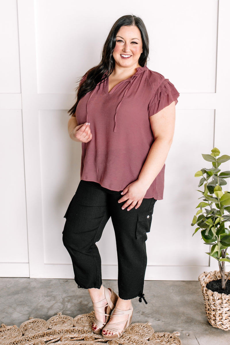 Ruffled Flutter Sleeve Top In Rose